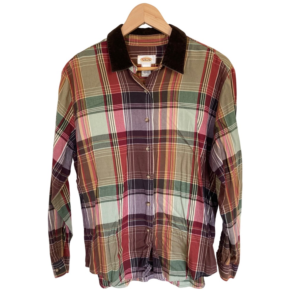 Talbots Womens Plaid Button Down Shirt Velvet Collar Multi Color Size M Cotton